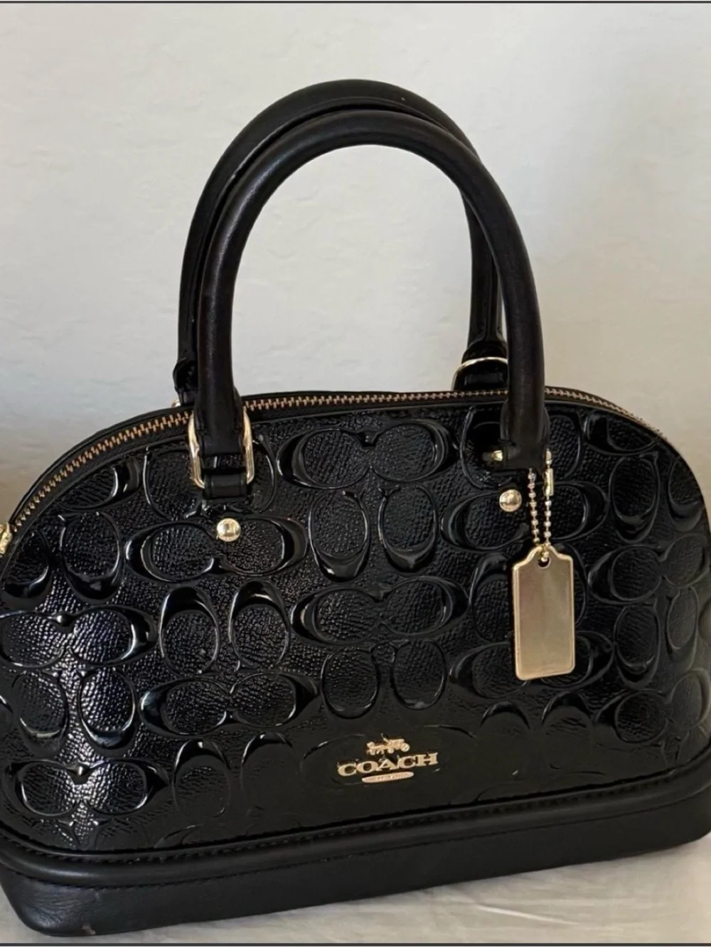 COACH Black Patent Signature Dome Satchel with Gold Hardware